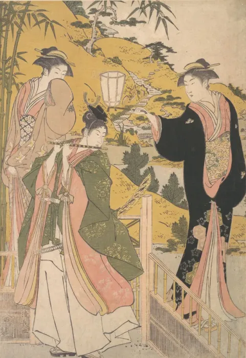 Framed Print : Yoshitsune Serenading Jorurihime, ca. 1785. Creator: Torii Kiyonaga