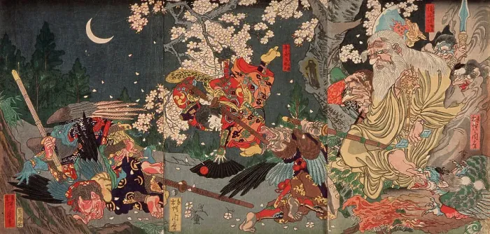 Framed Print : Yoshitsune Training with the Tengu Sojobo, 1863. Creator: Kawanabe Kyosai Framed Print : Yoshitsune Training with the Tengu Sojobo, 1863. Creator: Kawanabe Kyosai