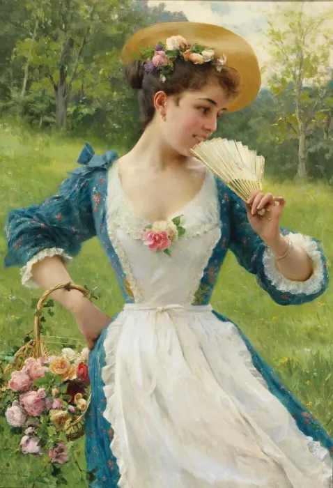 Framed Print : Young beauty with a basket of roses Framed Print : Young beauty with a basket of roses