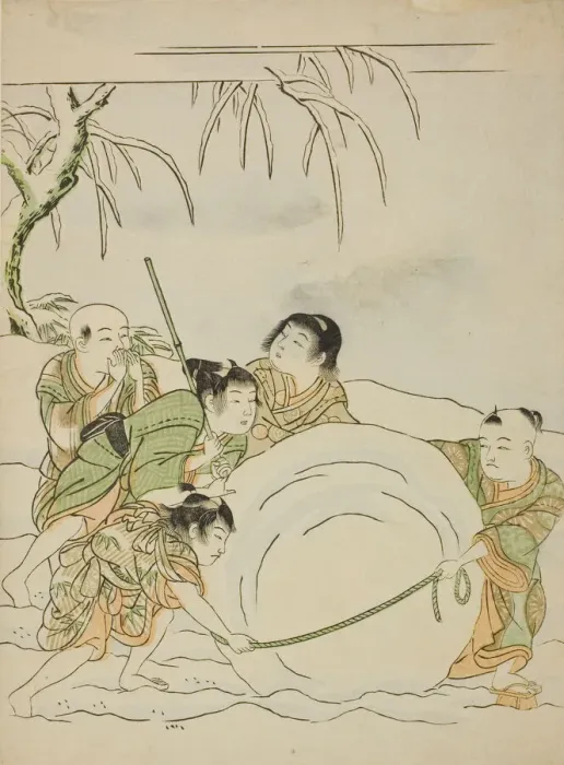 Framed Print : Five Young Boys Rolling a Large Snowball, c. 1772. Creator: Isoda Koryusai Framed Print : Five Young Boys Rolling a Large Snowball, c. 1772. Creator: Isoda Koryusai