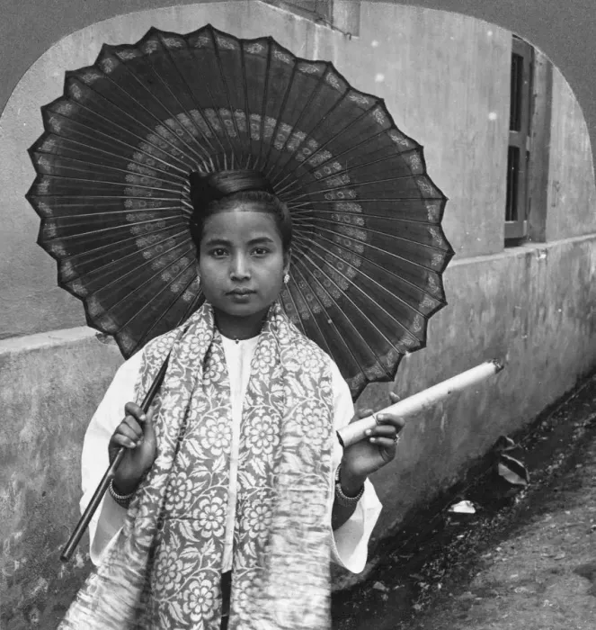 Framed Print : Young Burmese woman holding a huge cigar, Rangoon, Burma, 1908. Artist: Stereo Travel Co Framed Print : Young Burmese woman holding a huge cigar, Rangoon, Burma, 1908. Artist: Stereo Travel Co