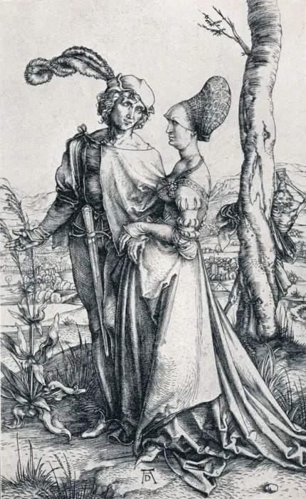 Framed Print : Young Couple Threatened by Death` (or `The Promenade ), 1495, (1906). Artist: Albrecht Durer Framed Print : Young Couple Threatened by Death` (or `The Promenade ), 1495, (1906). Artist: Albrecht Durer