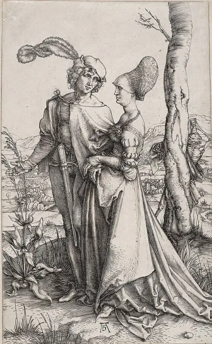 Framed Print : Young Couple Threatened by Death (The Promenade). Artist: Durer, Albrecht (1471-1528) Framed Print : Young Couple Threatened by Death (The Promenade). Artist: Durer, Albrecht (1471-1528)