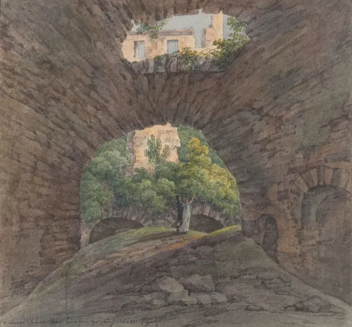 Framed Print : A Young Couple Viewing Ruins near Bingen, 1801. Creator: Christian Georg Schutz Framed Print : A Young Couple Viewing Ruins near Bingen, 1801. Creator: Christian Georg Schutz
