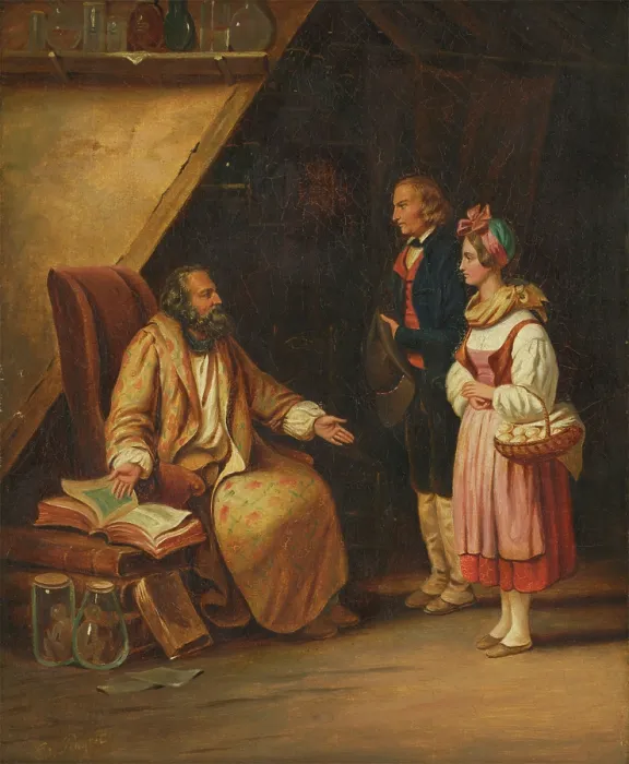 Framed Print : A young couple visit a savant who consults ancient volumes in order to provide counselling...(1833?) Creator: Edouard Pingret Framed Print : A young couple visit a savant who consults ancient volumes in order to provide counselling...(1833?) Creator: Edouard Pingret