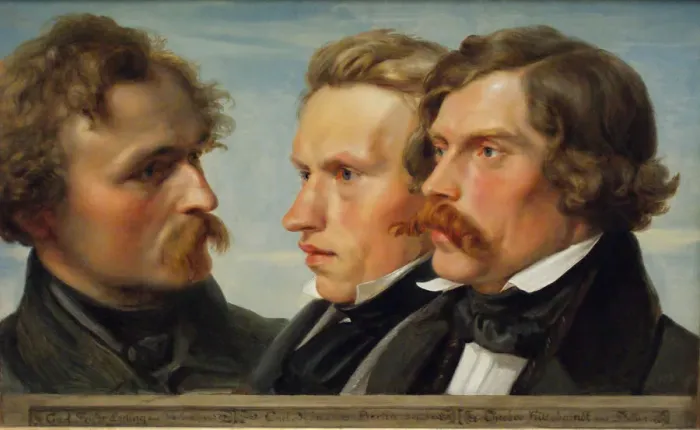 Framed Print : Young Dusseldorf. Group portrait of the painters Karl Friedrich Lessing, Carl Ferdinand Sohn and Theodor Hildebrandt, 1839. Artist: Huebner, Julius (1806-1882) Framed Print : Young Dusseldorf. Group portrait of the painters Karl Friedrich Lessing, Carl Ferdinand Sohn and Theodor Hildebrandt, 1839. Artist: Huebner, Julius (1806-1882)