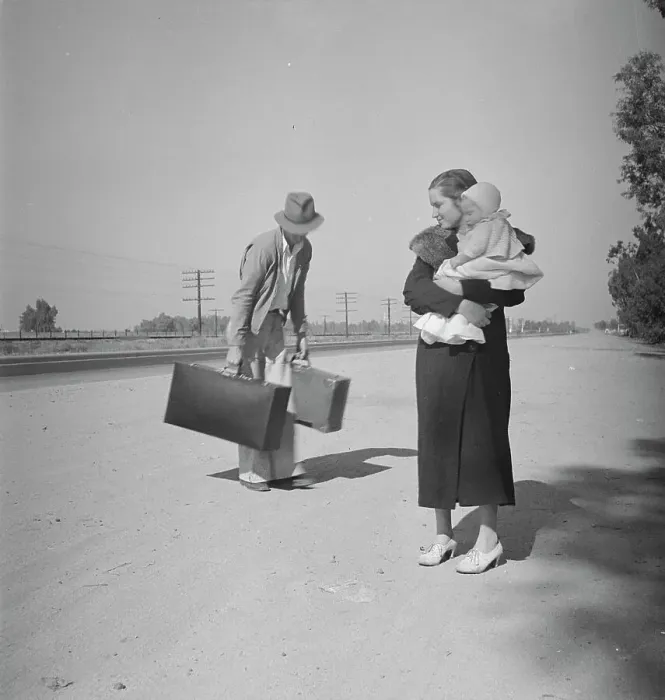 Framed Print : Young family, penniless, hitchhiking on U.S. Highway 99 in California, 1936. Creator: Dorothea Lange Framed Print : Young family, penniless, hitchhiking on U.S. Highway 99 in California, 1936. Creator: Dorothea Lange