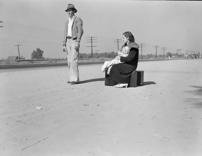 Framed Print : Young family, penniless, hitchhiking on U.S. Highway 99, California, 1936. Creator: Dorothea Lange Framed Print : Young family, penniless, hitchhiking on U.S. Highway 99, California, 1936. Creator: Dorothea Lange