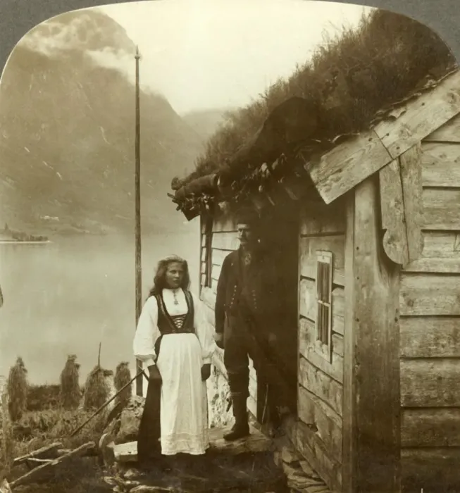 Framed Print : Young farmers of the Nordfjord country - before their cottage home, Norway, c1905 Framed Print : Young farmers of the Nordfjord country - before their cottage home, Norway, c1905