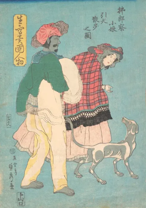 Framed Print : A Young French Lady and a Siamese Servant Taking a Dog for a Walk, November 1860 Framed Print : A Young French Lady and a Siamese Servant Taking a Dog for a Walk, November 1860