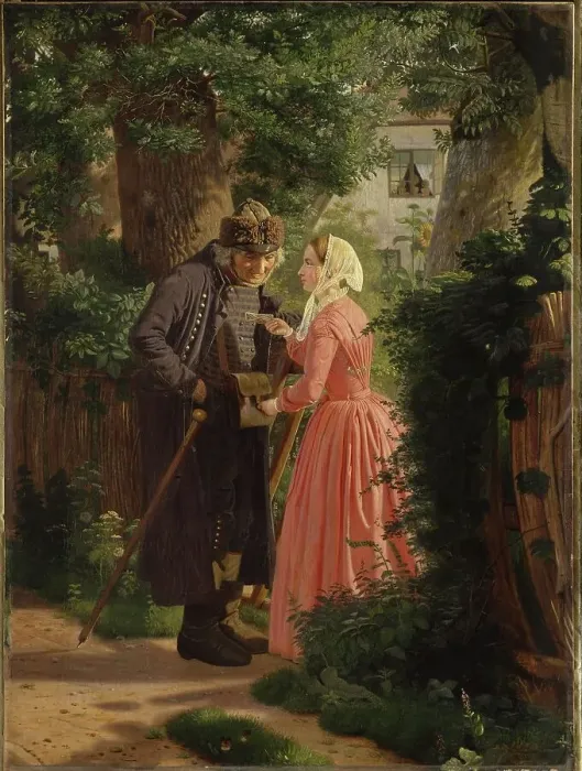 Framed Print : A Young Girl Asks the Mailman to Deliver a Letter, 1858. Creator: Christen Dalsgaard Framed Print : A Young Girl Asks the Mailman to Deliver a Letter, 1858. Creator: Christen Dalsgaard