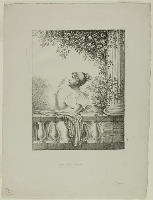 Framed Print : Young Girl with Bird, c. 1820. Creator: Vivant Denon Framed Print : Young Girl with Bird, c. 1820. Creator: Vivant Denon
