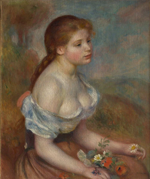 A Young Girl with Daisies, 1889. Creator: Pierre-Auguste Renoir