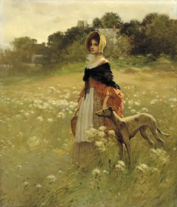 Framed Print : Young Girl and Dog, 1890. Creator: Percy Moran Framed Print : Young Girl and Dog, 1890. Creator: Percy Moran