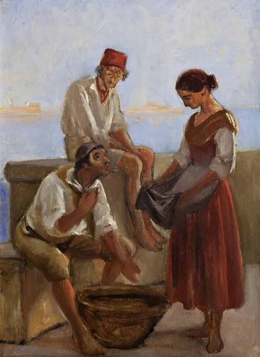 Framed Print : A young girl and two fishermen, c1853. Creator: Wilhelm Marstrand Framed Print : A young girl and two fishermen, c1853. Creator: Wilhelm Marstrand