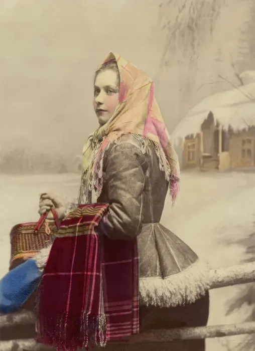 Framed Print : Young girl in fur-trimmed jacket with scarf, 1886-1910. Creator: Helene Edlund