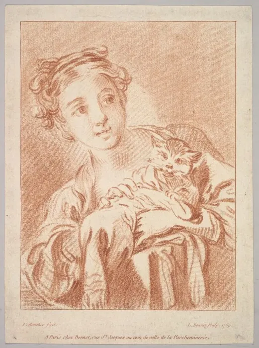 Framed Print : A Young Girl holding a Cat, 1769. Creator: Louis Marin Bonnet Framed Print : A Young Girl holding a Cat, 1769. Creator: Louis Marin Bonnet