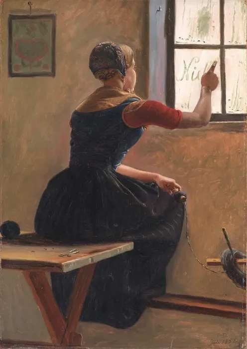 Framed Print : A Young Girl in Jutland Writing her Beloved's Name on a Misty Window, 1852. Creator: Christen Dalsgaard Framed Print : A Young Girl in Jutland Writing her Beloved's Name on a Misty Window, 1852. Creator: Christen Dalsgaard