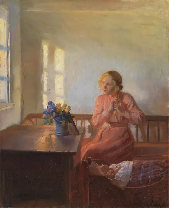 Framed Print : A Young Girl Plaiting her Hair, 1901. Creator: Anna Kirstine Ancher Framed Print : A Young Girl Plaiting her Hair, 1901. Creator: Anna Kirstine Ancher