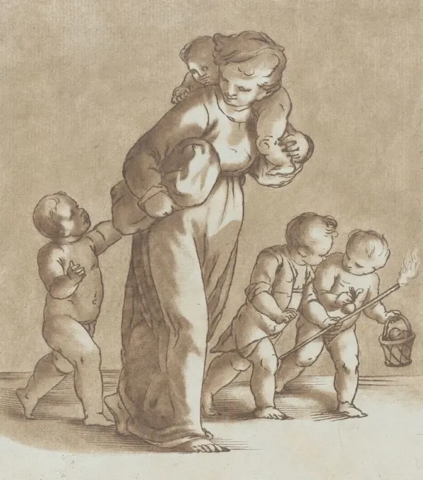 Framed Print : A young girl walks towards the left with one infant on her shoulder and holding anothe Framed Print : A young girl walks towards the left with one infant on her shoulder and holding anothe