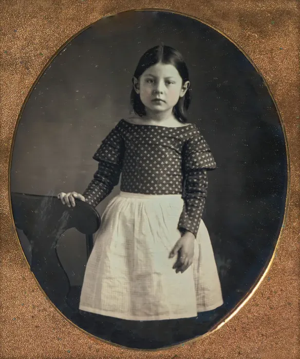 Framed Print : Young Girl Wearing Waist Apron, Resting Hand on Chair, 1840s-50s. Creator: Unknown Framed Print : Young Girl Wearing Waist Apron, Resting Hand on Chair, 1840s-50s. Creator: Unknown
