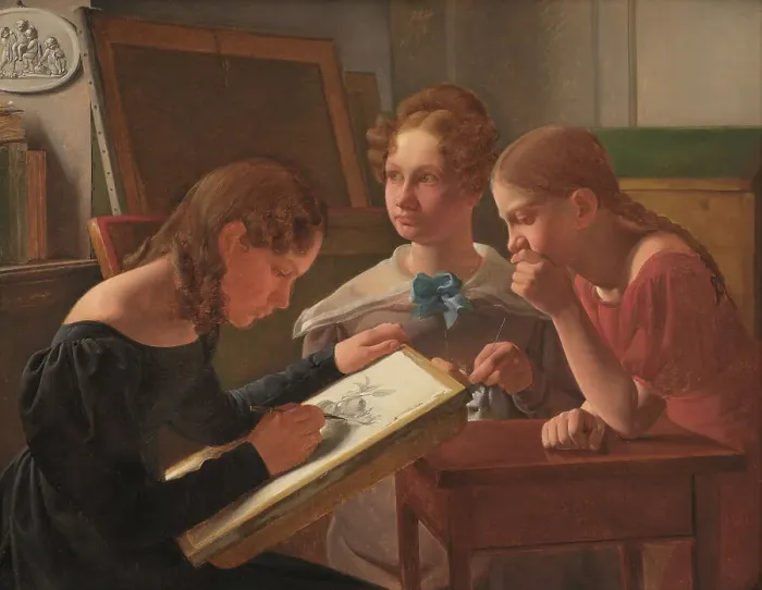Framed Print : Three Young Girls. The Artist's Sisters: Alvilde, Ida and Henriette, 1827. Creator: Constantin Hansen