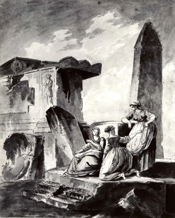 Framed Print : Three Young Girls by Ruins, ca. 1790. Creator: copy after Hubert Robert Framed Print : Three Young Girls by Ruins, ca. 1790. Creator: copy after Hubert Robert
