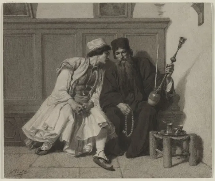 Framed Print : Young Greek Man in Conversation with a Priest, second half 19th century. Creator: Alexandre Bida Framed Print : Young Greek Man in Conversation with a Priest, second half 19th century. Creator: Alexandre Bida