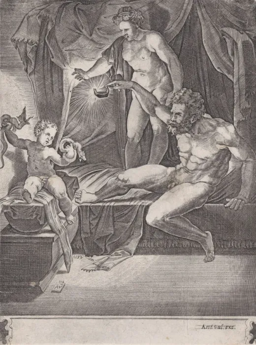 Framed Print : The Young Hercules in His Cradle, dated 1533. Creator: Agostino Veneziano Framed Print : The Young Hercules in His Cradle, dated 1533. Creator: Agostino Veneziano