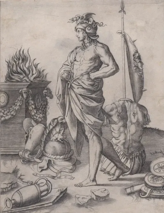 Framed Print : A Young Hero near an Altar, ca. 1514-36. Creator: Agostino Veneziano Framed Print : A Young Hero near an Altar, ca. 1514-36. Creator: Agostino Veneziano