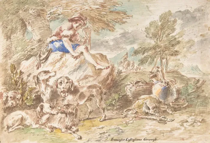 Framed Print : Young Hunter with His Dogs in a Landscape, 1641-1710. Creator Framed Print : Young Hunter with His Dogs in a Landscape, 1641-1710. Creator