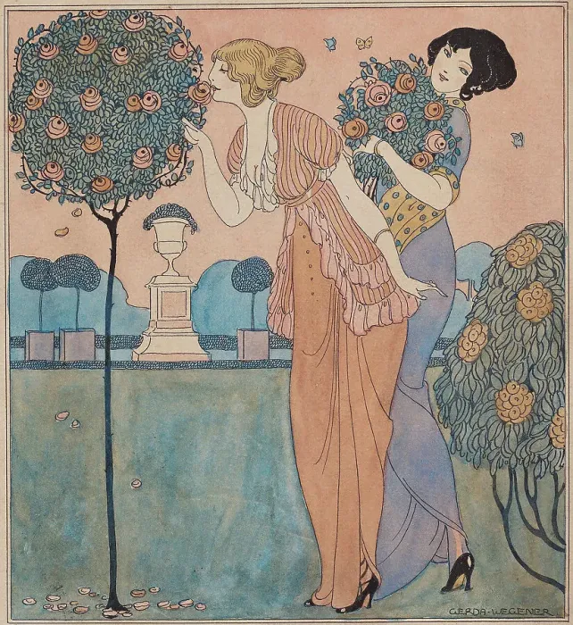 Framed Print : Two young ladies in the rose garden. Creator: Wegener, Gerda (1886-1940) Framed Print : Two young ladies in the rose garden. Creator: Wegener, Gerda (1886-1940)