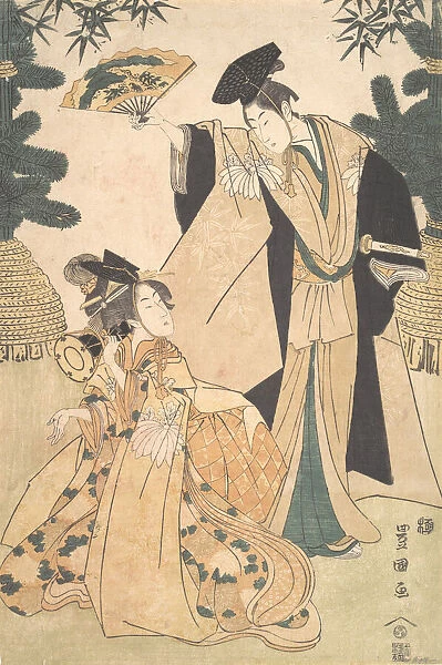Young Lady with Drum and Man with Fan Saluting Her. Creator: Utagawa Toyokuni I