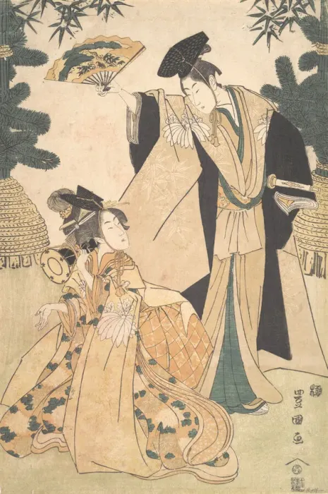 Framed Print : Young Lady with Drum and Man with Fan Saluting Her. Creator: Utagawa Toyokuni I Framed Print : Young Lady with Drum and Man with Fan Saluting Her. Creator: Utagawa Toyokuni I