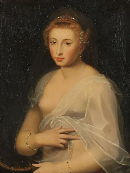 Framed Print : Young Lady Holding a Mirror, 17th century. Creator: Unknown Framed Print : Young Lady Holding a Mirror, 17th century. Creator: Unknown