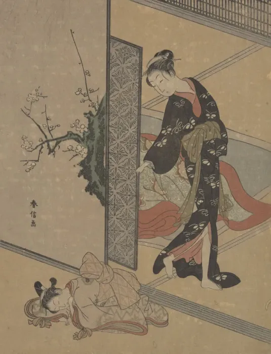 Framed Print : Young Lady Looking through Door at Her Kamuro (Little Servant) who is Asleep on the Floor Framed Print : Young Lady Looking through Door at Her Kamuro (Little Servant) who is Asleep on the Floor
