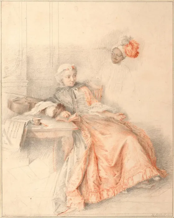 Framed Print : Young Lady Reading and a Page. Artist: Portail, Jacques-Andre (1695-1759) Framed Print : Young Lady Reading and a Page. Artist: Portail, Jacques-Andre (1695-1759)