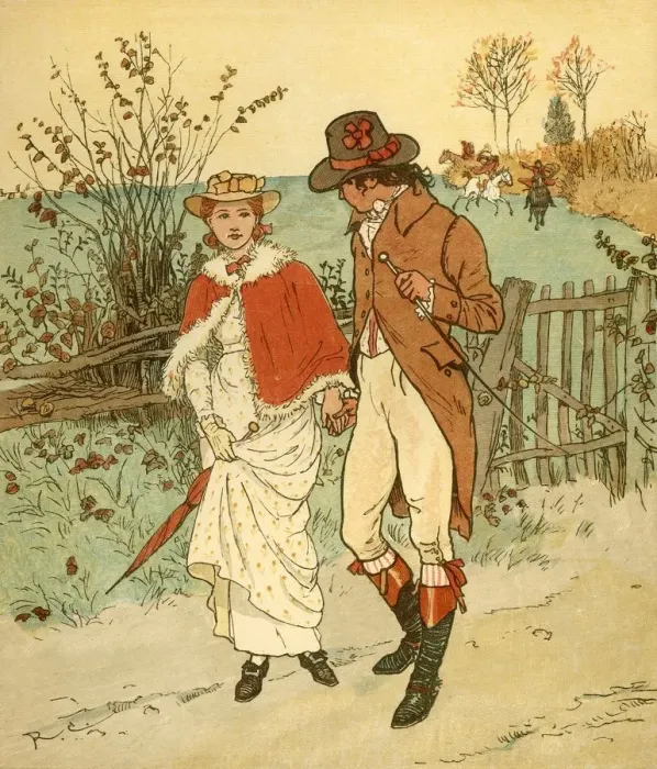 Framed Print : Two young lovers in a lane, c1880. Creator: Randolph Caldecott Framed Print : Two young lovers in a lane, c1880. Creator: Randolph Caldecott
