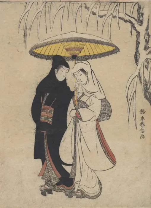 Framed Print : Young Lovers Walking Together under an Umbrella in a Snow Storm (Crow and Heron), ca Framed Print : Young Lovers Walking Together under an Umbrella in a Snow Storm (Crow and Heron), ca