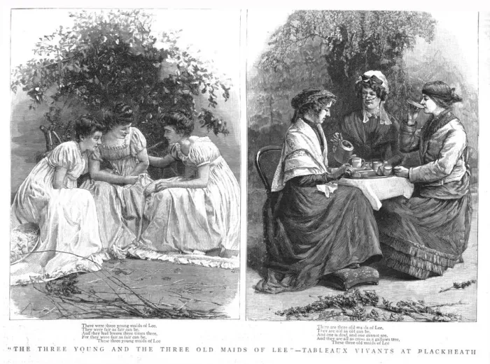 Framed Print : The Three Young Maids and the Three Old Maids of Lee-Tableaux Vivants at Blackheath, 1888. Creator: Unknown Framed Print : The Three Young Maids and the Three Old Maids of Lee-Tableaux Vivants at Blackheath, 1888. Creator: Unknown