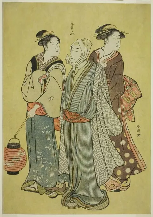 Framed Print : A Young Man Dressed as an Actor of the Ichikawa Family (by Shunsho), a Maid and a... late 1780s. Creator: Shunsho Framed Print : A Young Man Dressed as an Actor of the Ichikawa Family (by Shunsho), a Maid and a... late 1780s. Creator: Shunsho