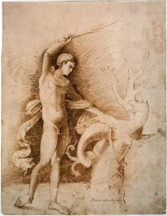Framed Print : Young man Fighting the Dragon, late 15th century. Artist: Andrea Mantegna Framed Print : Young man Fighting the Dragon, late 15th century. Artist: Andrea Mantegna