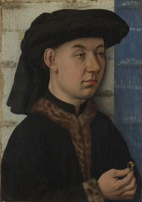 Framed Print : A Young Man holding a Ring, c. 1450. Artist: Eyck, Jan van, (School) Framed Print : A Young Man holding a Ring, c. 1450. Artist: Eyck, Jan van, (School)