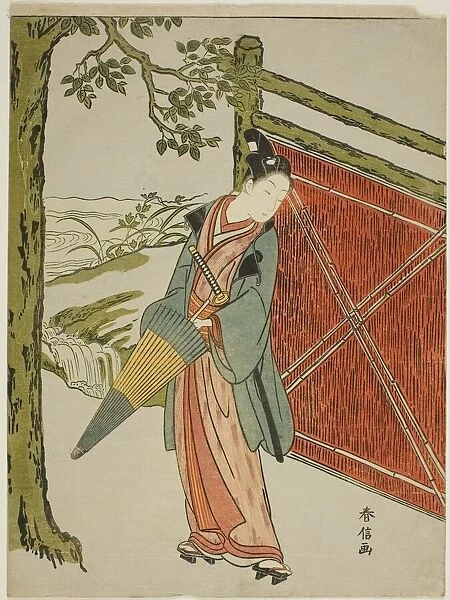 Young Man Holding Umbrella Beside a Fence, c. 1767  /  68. Creator: Suzuki Harunobu