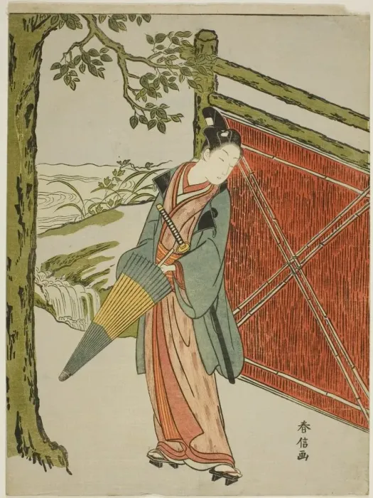 Framed Print : Young Man Holding Umbrella Beside a Fence, c. 1767 / 68. Creator: Suzuki Harunobu Framed Print : Young Man Holding Umbrella Beside a Fence, c. 1767 / 68. Creator: Suzuki Harunobu