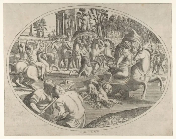 Framed Print : Young Man Hunting a Wild Boar, 1547. Creator: Leon Davent Framed Print : Young Man Hunting a Wild Boar, 1547. Creator: Leon Davent