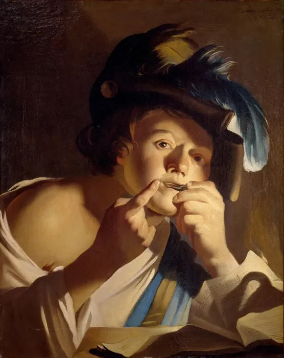 Framed Print : Young man with jews harp, 1621. Artist: Baburen, Dirck (Theodor), van (1595-1624) Framed Print : Young man with jews harp, 1621. Artist: Baburen, Dirck (Theodor), van (1595-1624)