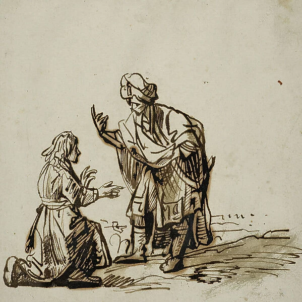 Young man kneeling before a standing man in oriental dress. Creator: Rembrandt Harmensz van Rijn