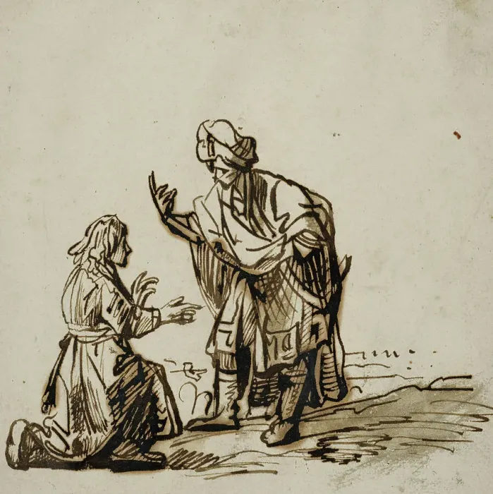 Framed Print : Young man kneeling before a standing man in oriental dress. Creator: Rembrandt Harmensz van Rijn Framed Print : Young man kneeling before a standing man in oriental dress. Creator: Rembrandt Harmensz van Rijn