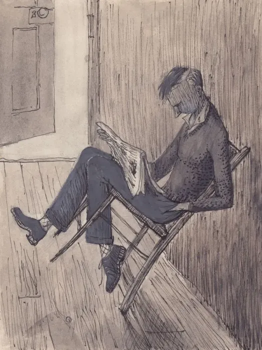 Framed Print : Young man leaning his chair against a wall, 1952. Creator: Shirley Markham Framed Print : Young man leaning his chair against a wall, 1952. Creator: Shirley Markham
